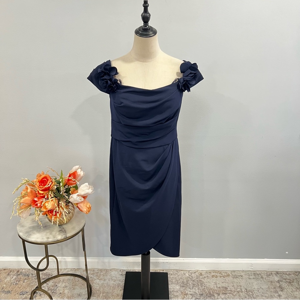 Betsy & Adam Navy Blue Floral 3D Flowers Off The Shoulder Knee Length Dress